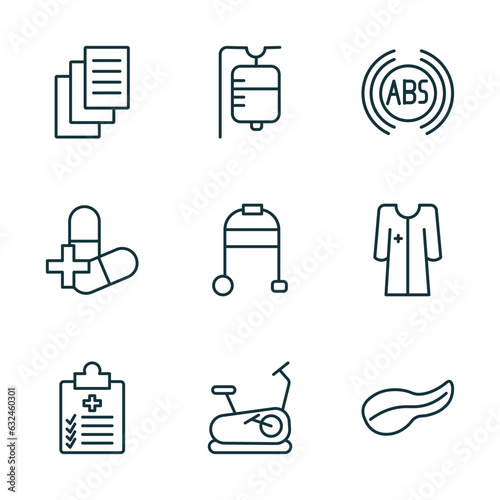set of 9 linear icons from medical concept. outline icons such as records, saline, abs, medical checklist, stationary bike, pancreas vector