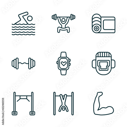 set of 9 linear icons from gym and fitness concept. outline icons such as man swimming, lifting barbell, mat for fitness, training apparatus, exercise hang bar, muscles vector