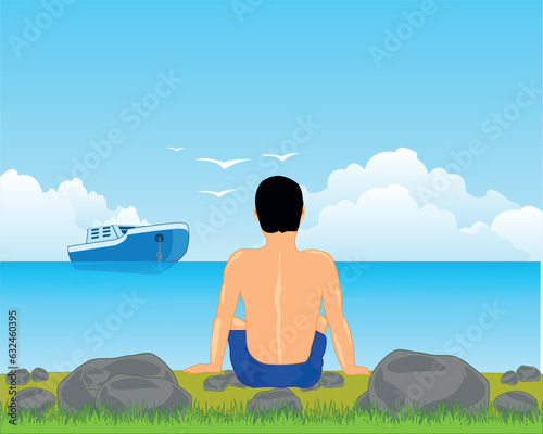 Landscape of the ocean and solitary men sitting ashore