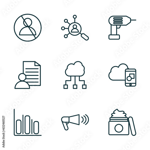 set of 9 linear icons from general concept. outline icons such as impeachment, hr solutions, perforator, info chart, advertising agency, beauty care vector