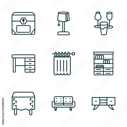 set of 9 linear icons from furniture & household concept. outline icons such as chest, bedroom lamp, glassware, table linens, couch, credenza vector