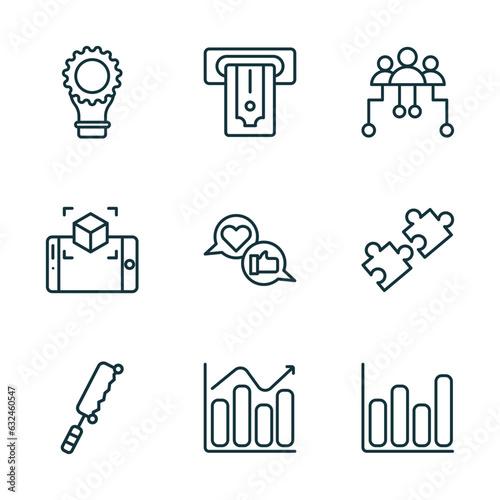 set of 9 linear icons from general concept. outline icons such as fintech innovation, atm cash, hr strategy, fretsaw, business performance, ar graph vector