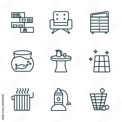 set of 9 linear icons from furniture & household concept. outline icons such as shelf, fauteuil, davenport, heating, sump pump, waste basket vector