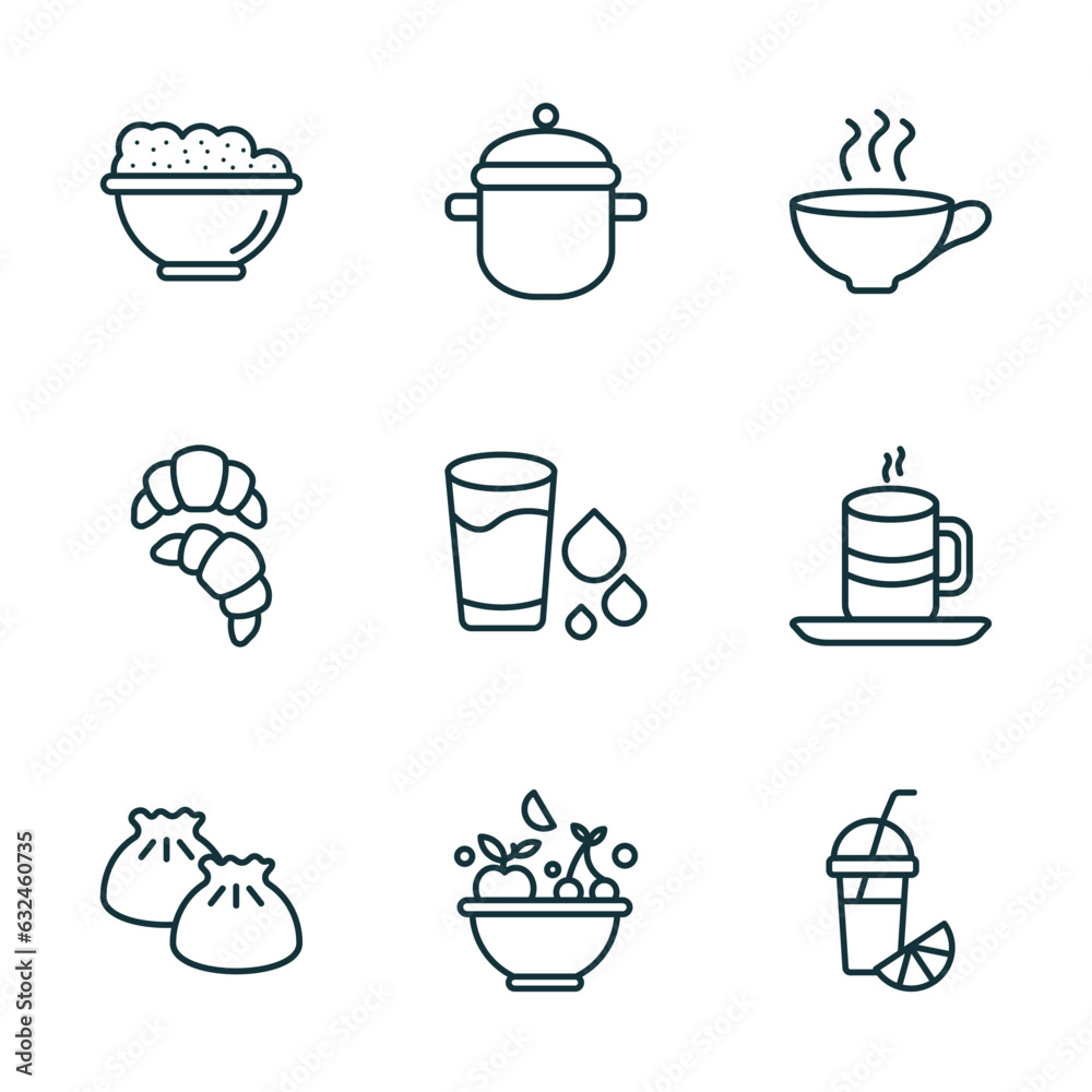 Obraz premium set of 9 linear icons from food concept. outline icons such as risotto, kitchen pot, coffee cup with steam, dumpling, healthy nutrition, fresh smoothie vector