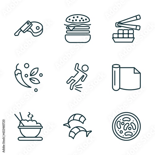 set of 9 linear icons from food concept. outline icons such as butcher, hamburguer, fried tofu curd balls, dandan noodles, shrimps, red bean soup vector