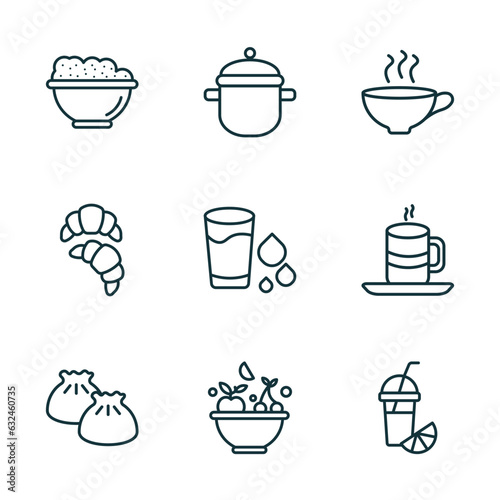 set of 9 linear icons from food concept. outline icons such as risotto, kitchen pot, coffee cup with steam, dumpling, healthy nutrition, fresh smoothie vector