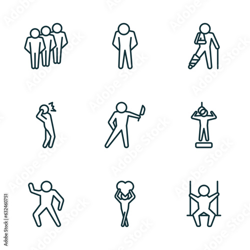 set of 9 linear icons from feelings concept. outline icons such as content human, down human, broken human, positive in love free vector