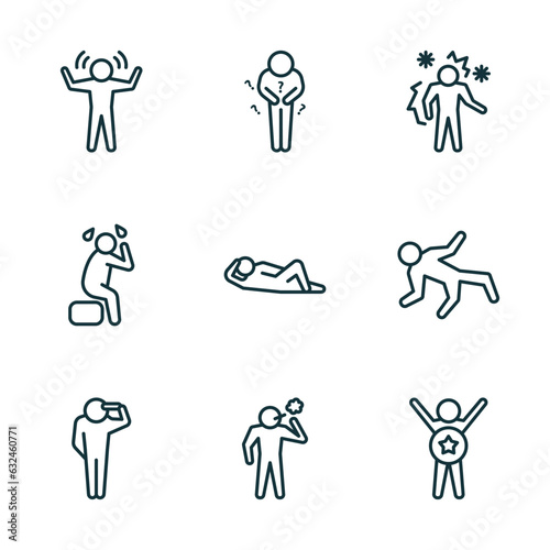 set of 9 linear icons from feelings concept. outline icons such as amazed human, hungry human, chill human, hopeless bad awesome vector