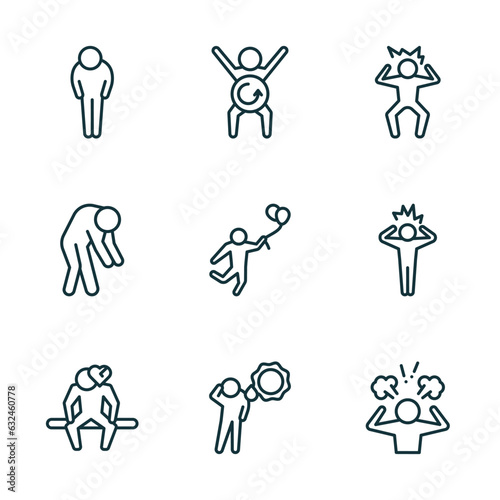 set of 9 linear icons from feelings concept. outline icons such as exhausted human, refreshed human, irritated human, heartbroken hot pissed vector