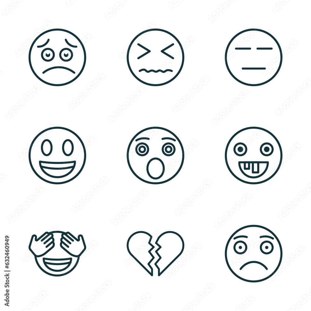 set of 9 linear icons from emoji concept. outline icons such as worried emoji, desperate emoji, expressionless shy broken heart slightly frowning vector set of 9 linear icons from emoji concept. outline icons such as worried emoji, desperate emoji, expressionless shy broken heart slightly frowning vector