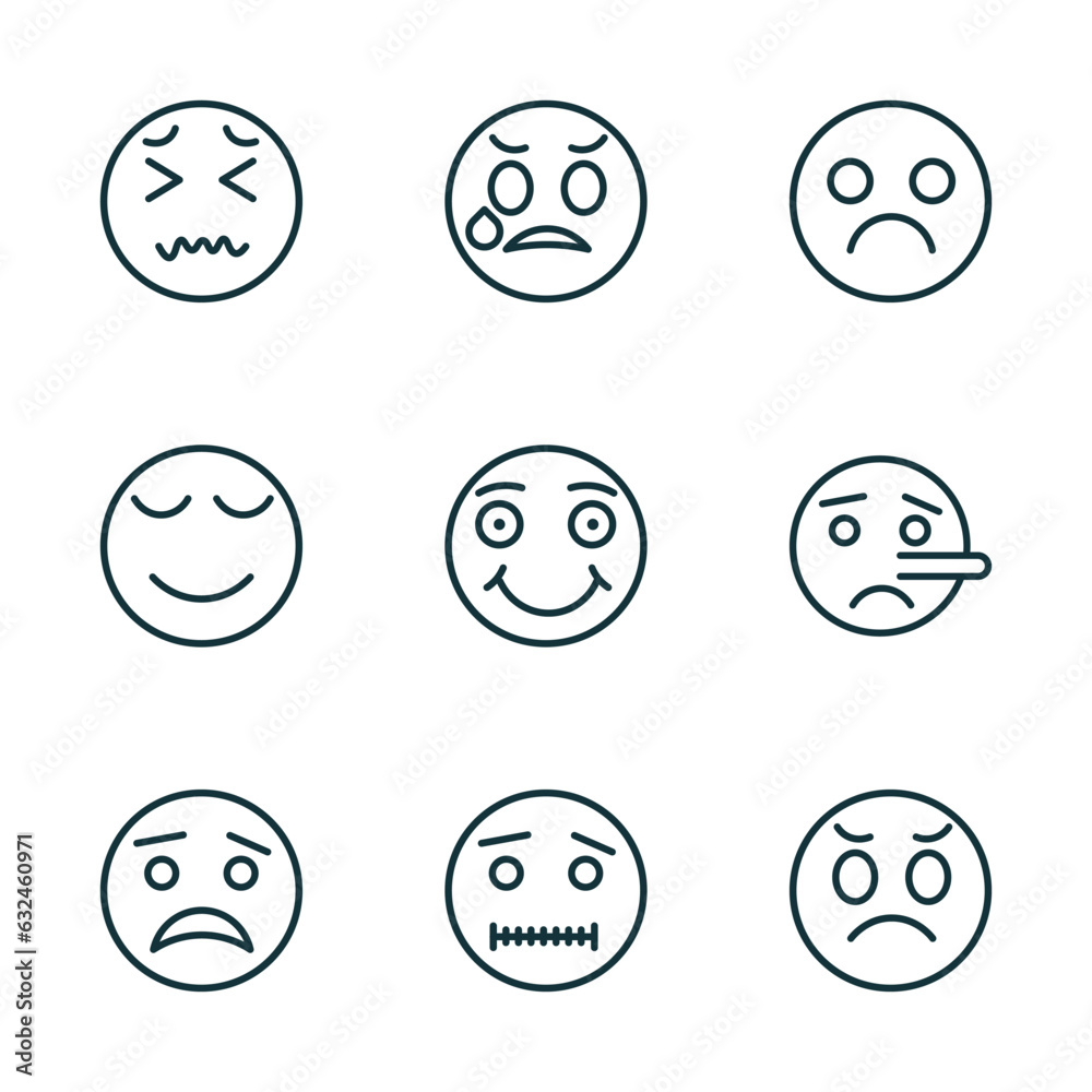set of 9 linear icons from emoji concept. outline icons such as disgusted emoji, disappointed emoji, sad scared quiet dissapointment vector set of 9 linear icons from emoji concept. outline icons such as disgusted emoji, disappointed emoji, sad scared quiet dissapointment vector