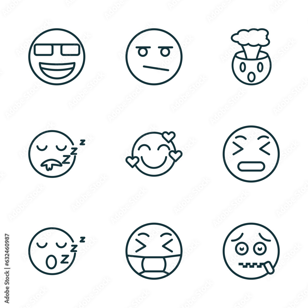 set of 9 linear icons from emoji concept. outline icons such as nerd emoji, bored emoji, exploding head sleep sick -mouth vector set of 9 linear icons from emoji concept. outline icons such as nerd emoji, bored emoji, exploding head sleep sick -mouth vector