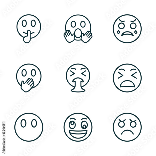 set of 9 linear icons from emoji concept. outline icons such as shushing emoji, yelling emoji, crying without mouth, weird annoyed vector