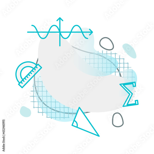 Sinusoid, protractor, sum sign, triangle, spots and shapes, checkered texture, line. Clipart.