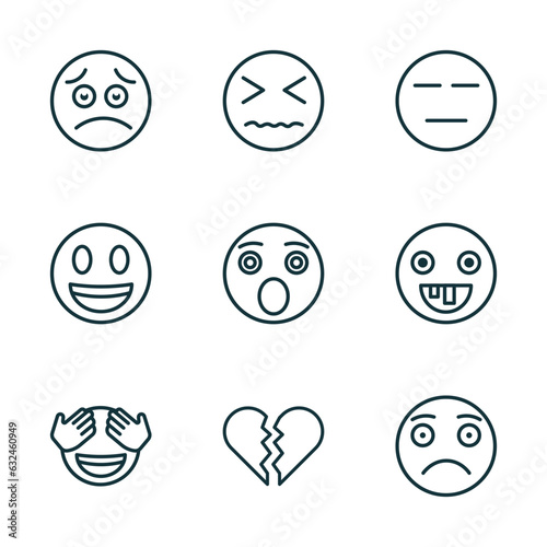 set of 9 linear icons from emoji concept. outline icons such as worried emoji, desperate emoji, expressionless shy broken heart slightly frowning vector