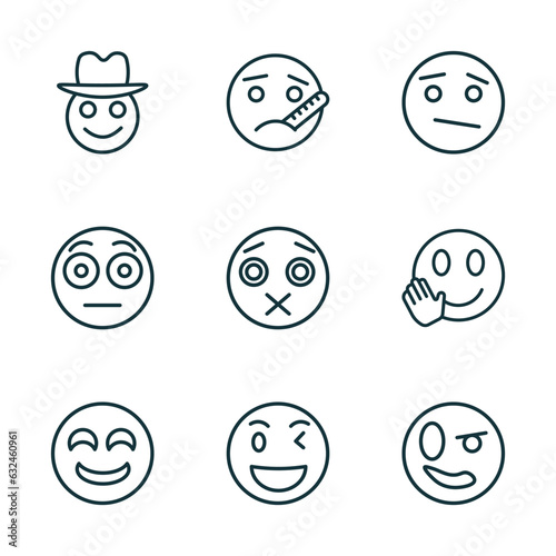 set of 9 linear icons from emoji concept. outline icons such as cowboy hat emoji, ill emoji, confused drool wink proud vector