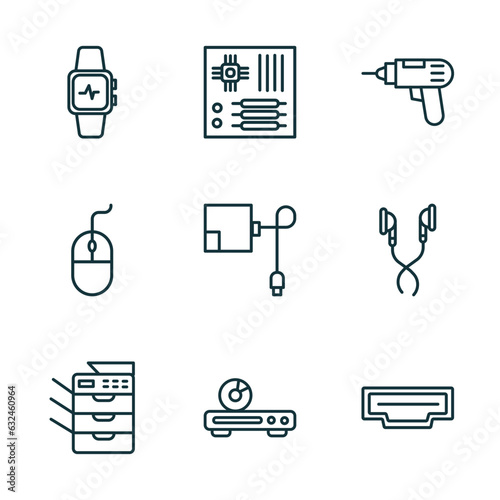 set of 9 linear icons from electronic devices concept. outline icons such as smartwatch, motherboard, driller, copy hine, dvd player, hdmi vector