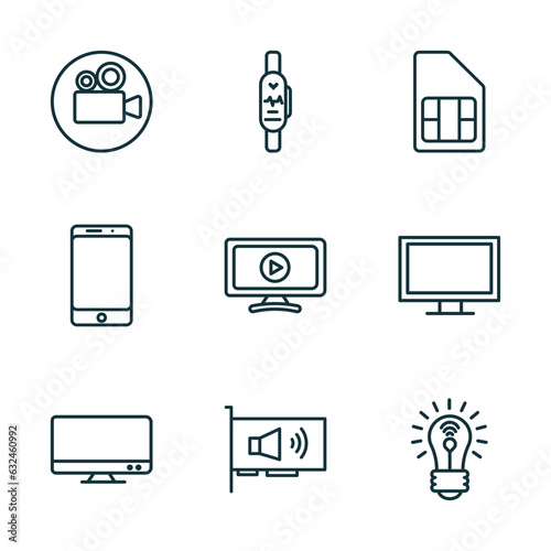 set of 9 linear icons from electronic devices concept. outline icons such as video recorder, smartband, sim, television, sound card, smart light vector