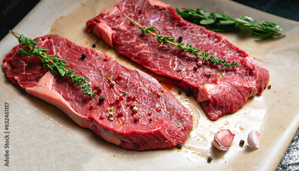 Succulent tender raw lean beef steaks lying on a sheet of oven paper in the kitchen topped with fresh herbs and spices ready to be cooked for dinner Succulent tender raw lean beef steaks lying on a sheet of oven paper in the kitchen topped with fresh herbs and spices ready to be cooked for dinner