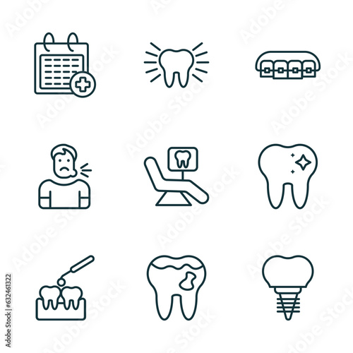 set of 9 linear icons from dentist concept. outline icons such as medical appointment, clean tooth, lingual braces, interproximal, cavities, dental prosthesis vector