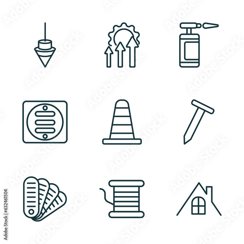 set of 9 linear icons from construction tools concept. outline icons such as plumb bob, improvement, blowtorch, pantone, copper, roof vector