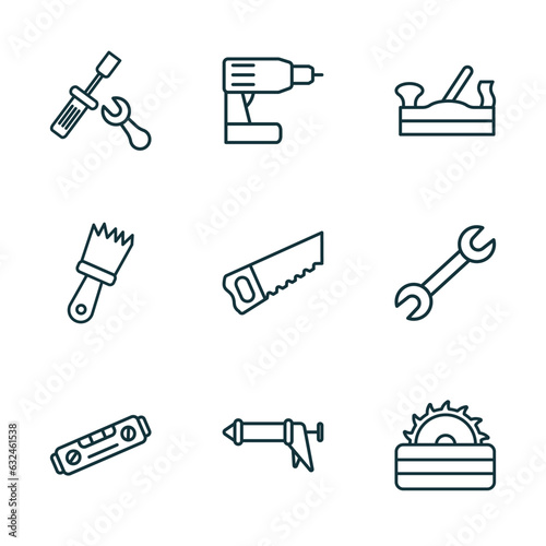 set of 9 linear icons from construction tools concept. outline icons such as repair screwdriver, cordless drill, jack plane, plumb rule tool, caulk gun, carpenter cutter vector