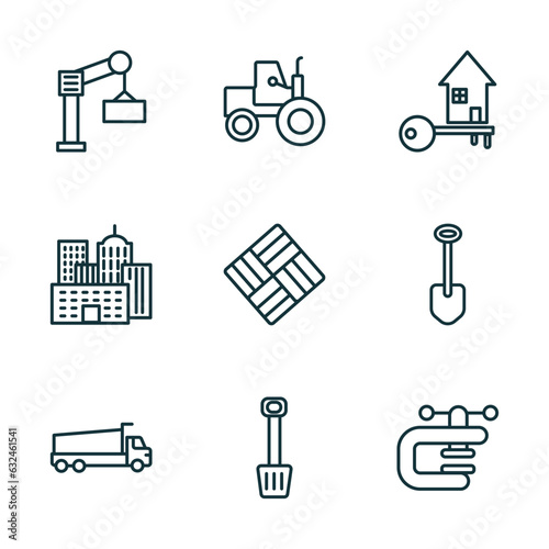 set of 9 linear icons from construction concept. outline icons such as derrick with boxes, steamroller, home key, tipper, inclined shovel, vise vector