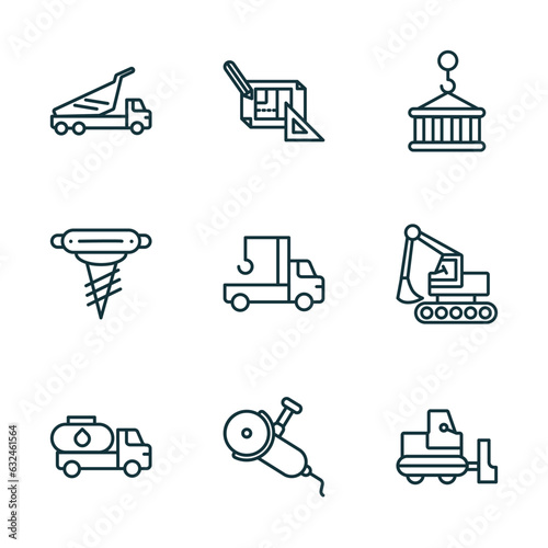 set of 9 linear icons from construction concept. outline icons such as dump truck, construction plan, derrick with pallet, fuel truck, grinder, little snowplow vector