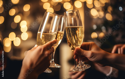 Fotobehang Close up of people toasting with christmas champagne glasses