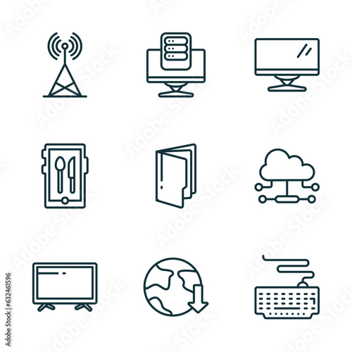 set of 9 linear icons from computer concept. outline icons such as telecommunications, pc storage, computer monitor, televisions, download from the net, keyboard with cable vector