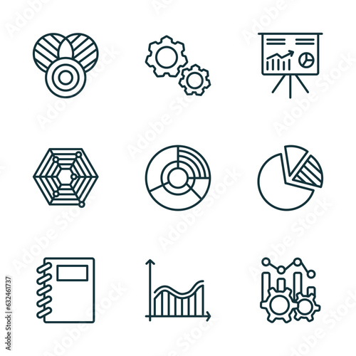 set of 9 linear icons from business and analytics concept. outline icons such as merge charts, cogwheel hine part, stellar, workbook, profit analysis, production vector