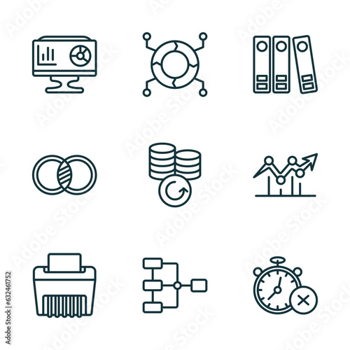 set of 9 linear icons from business and finance concept. outline icons such as analytics monitor, infographics, binder, paper shredder, data analytics flow, time out vector