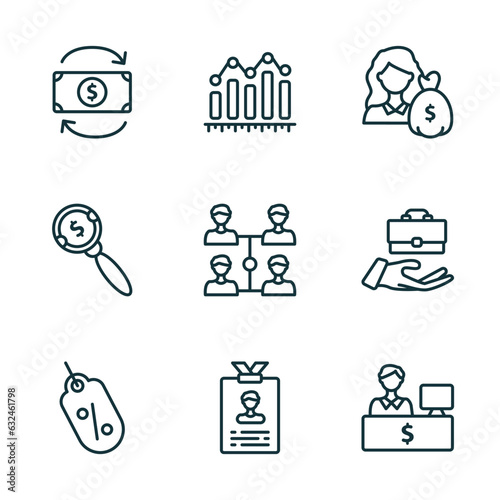 set of 9 linear icons from business concept. outline icons such as return of investment, measure success, woman with dollar bill, sale tag, identity card, bank teller vector