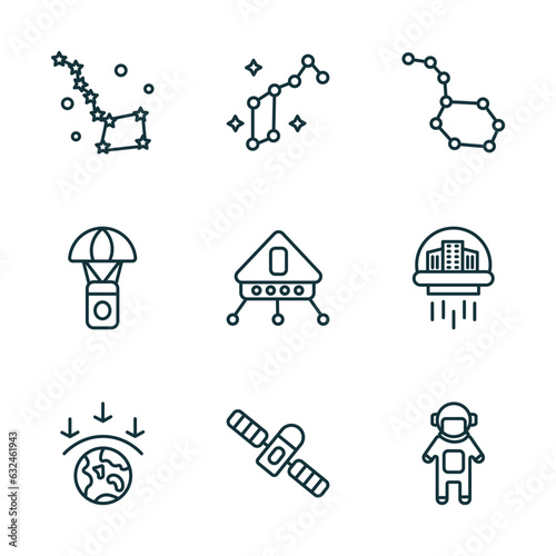 set of 9 linear icons from astronomy concept. outline icons such as ursa major, lyra constellation, constellation, aerosphere, space module, spaceman vector