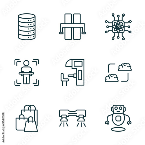 set of 9 linear icons from artificial intellegence concept. outline icons such as database, motorway, quantum computing, shopping bag, flyboard, robots vector