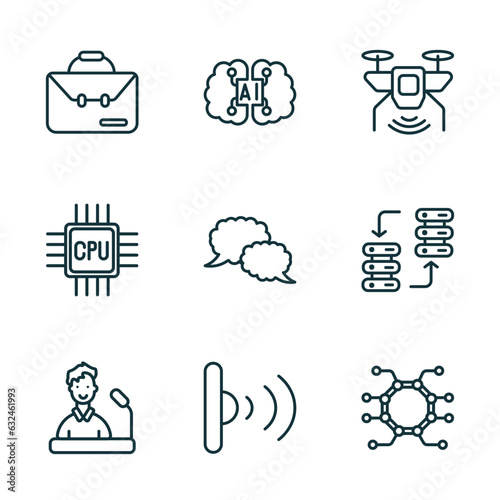 set of 9 linear icons from artificial intellegence concept. outline icons such as business, artificial intelligence, unmanned aerial vehicle, speech, infrared, unsupervised learning vector