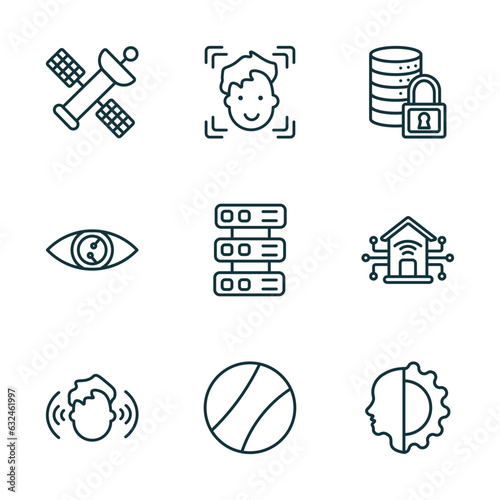 set of 9 linear icons from artificial intellegence concept. outline icons such as outer space, face recognition, secure data, immersive, ball, cyborg vector