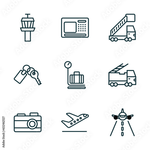 set of 9 linear icons from airport terminal concept. outline icons such as airport tower, airport atm, gangway truck, vintage camera, departures flights, landing runway vector