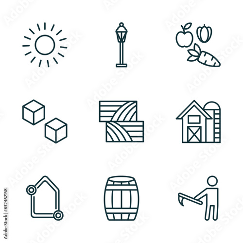 set of 9 linear icons from agriculture farming concept. outline icons such as sunny, lamppost, vegetables, self-sufficient, barrell, farmer hoeing vector