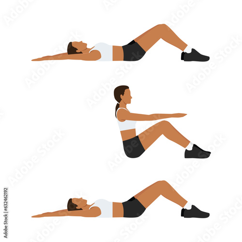 Woman lie down on her back and curl upper body to the top for touch her knees and repeat.