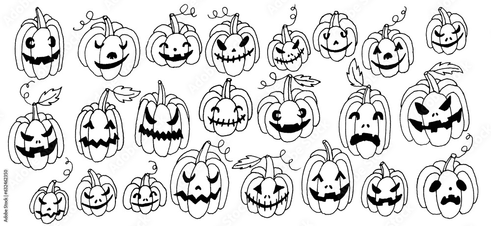 Set of hand drawn line art halloween holiday pumpkins with different shaped, creepy spooky eyes, smiles and leaves isolated on white.Web design elements for print,autumn decor. Set of hand drawn line art halloween holiday pumpkins with different shaped, creepy spooky eyes, smiles and leaves isolated on white.Web design elements for print,autumn decor.
