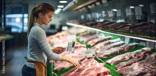 A young woman checks meat products in a supermarket. Generative AI.