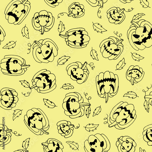 Line art autumn holiday halloween seamless pattern with different black pumpkins with creepy spooky eyes and smiles.Fall background in yellow color.Print cards, invitation, design elements.