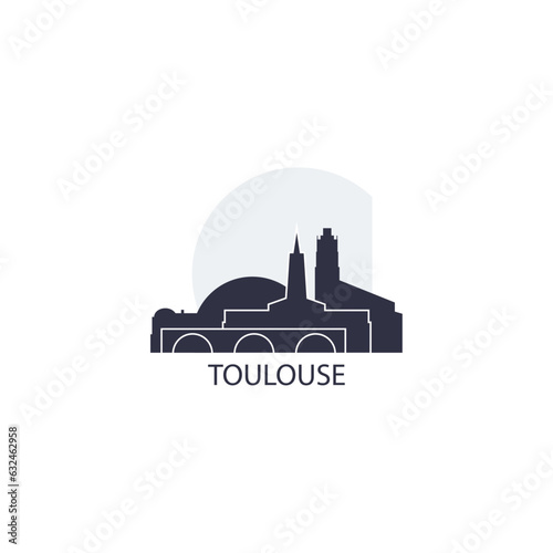 France Toulouse city cityscape skyline capital panorama vector flat modern logo icon. French Haute-Garonne town emblem idea with landmarks and building silhouettes at sunrise sunset