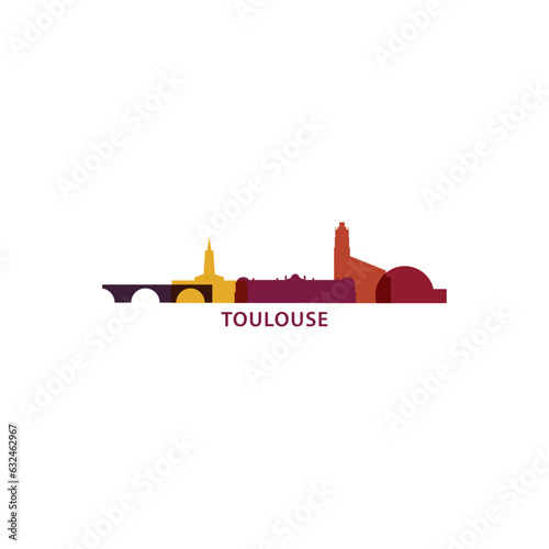 France Toulouse city cityscape skyline capital panorama vector flat modern logo icon. French Haute-Garonne town emblem idea with landmarks and building silhouettes