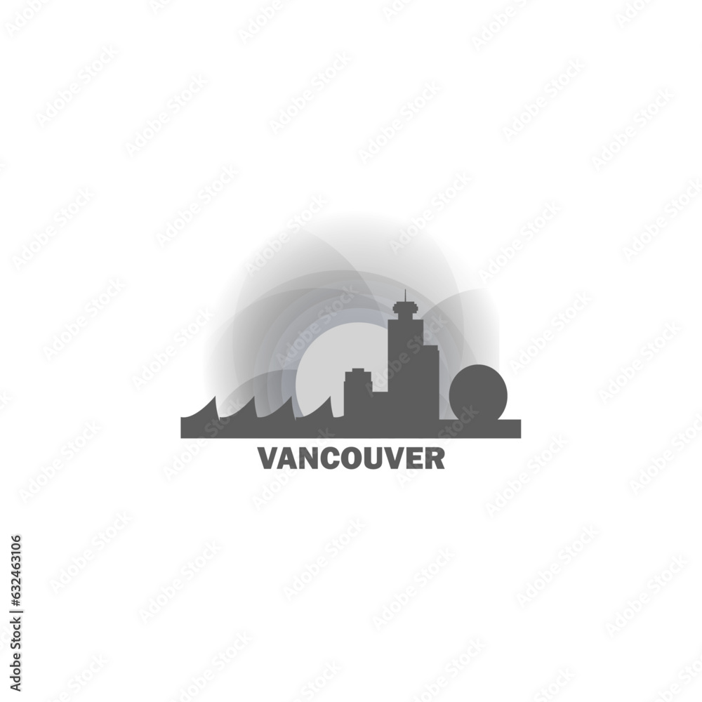 Canada Vancouver cityscape skyline city panorama vector flat modern logo icon. Canadian British Columbia province emblem idea with landmarks and building silhouettes  at sunrise sunset