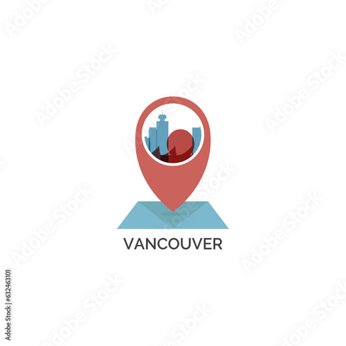 Canada Vancouver city map pin point geolocation modern skyline pointer vector logo icon isolated illustration. Canadian British Columbia province pointer emblem with landmarks and building silhouettes