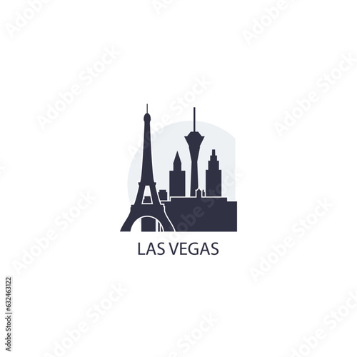 USA United States Las Vegas cityscape skyline city panorama vector flat modern logo icon. US Nevada American state emblem idea with landmarks and building silhouette at sunrise sunset