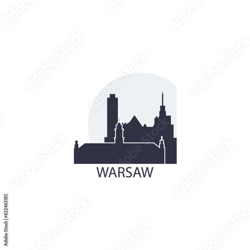 Poland Warsaw cityscape skyline capital city panorama vector flat modern logo icon. Eastern Europe region emblem idea with landmarks and building silhouettes at sunrise sunset