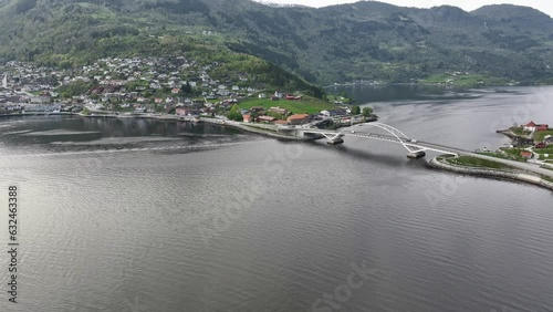 Sogndal bridge aerial with traffic - Approaching bridge crossing Sogndalsfjord photo